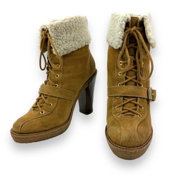 MICHAEL KORS tan suede sherpa heeled platform boots - Picture 12 of 14